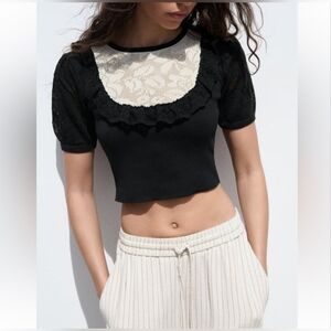 Zara Black Ecru Lace Trim Pointelle Knit Sweater Short Sleeves Size:M NWOT